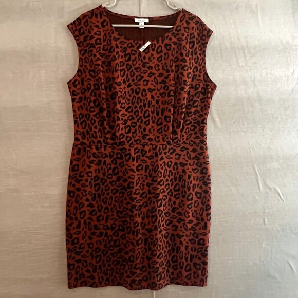 Nine West‎ XL Leopard Print Stretch Sleeveless Sheath Dress Brown Black NEW - Picture 1 of 8